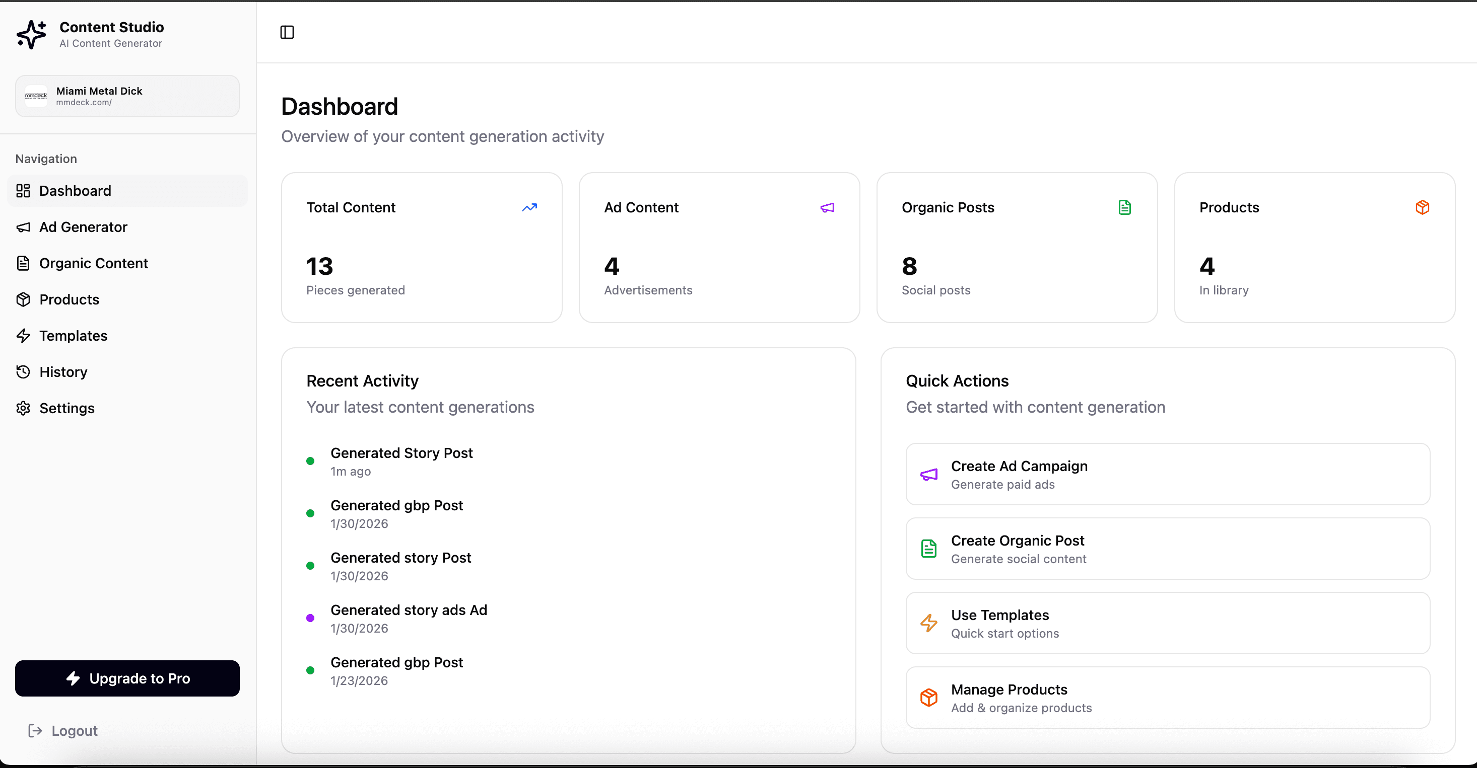 Content Studio Dashboard